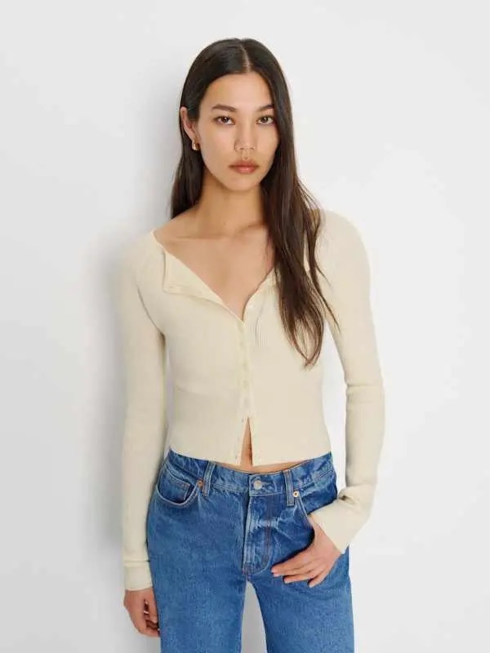 Reformation Cream Long Sleeve Ribbed Button-Up Top
